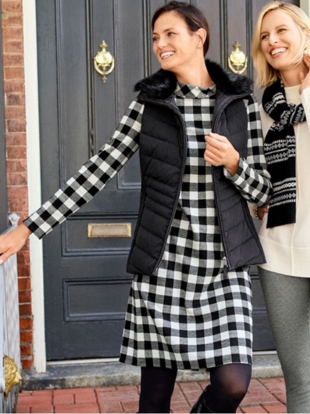 Talbots Buffalo Plaid Funnel Neck Shift Dress Black White Long Sleeve Medium